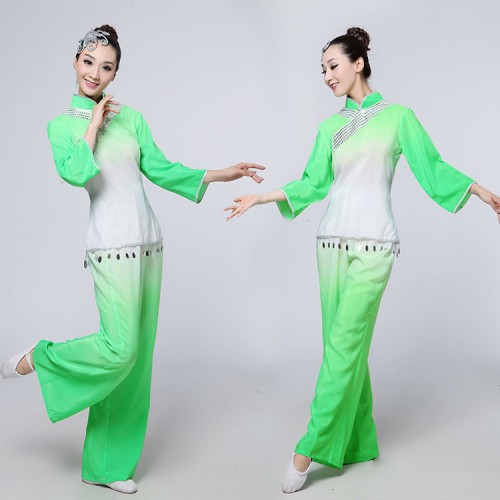 Chinese Folk dance costumes for women female green blue china ancient minority ethnic yangko fan umbrella drama cosplay dancing tops and pants